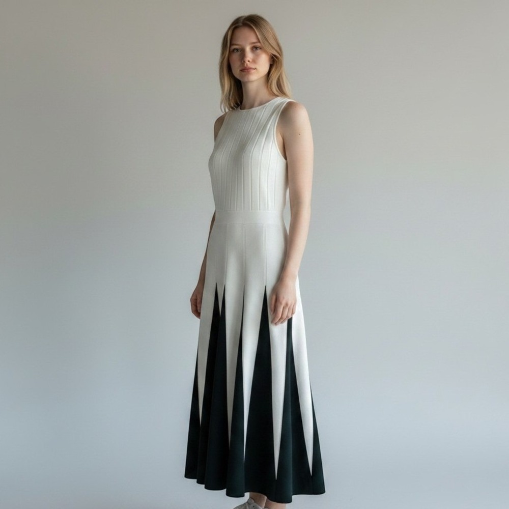 Eva Mendes Dress Colorblock Ribbed Knit Midi Women Size M White Green Excellent